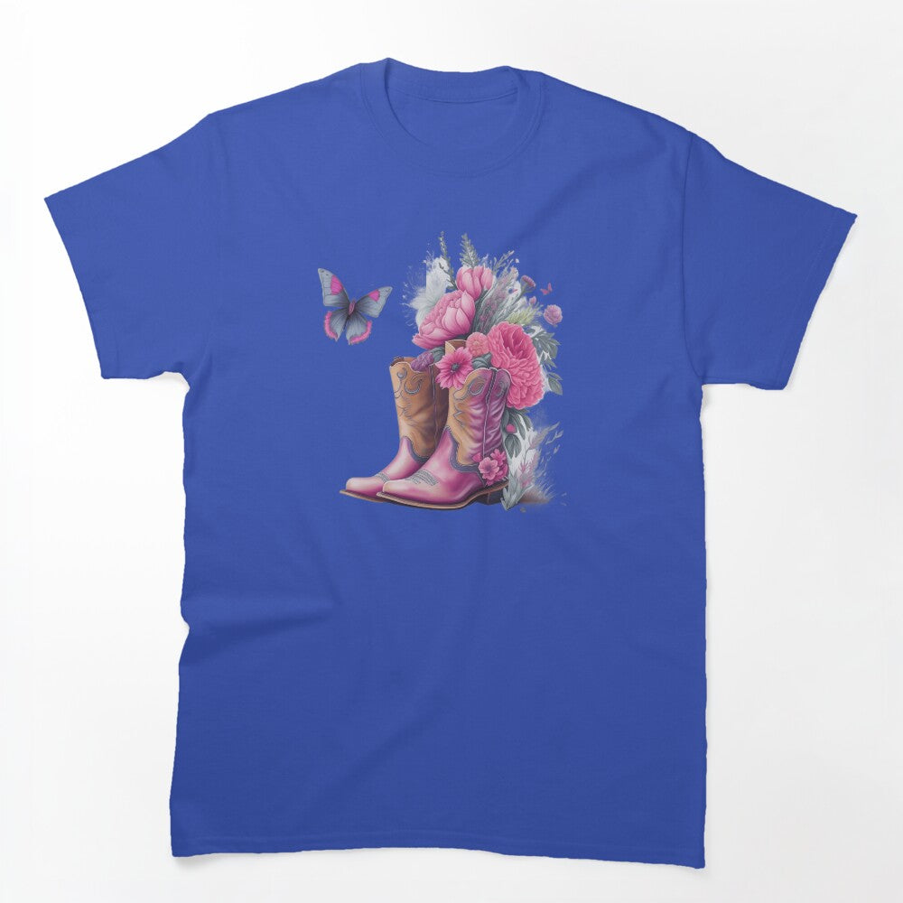 Pink Cowgirl Boots With Flowers And Butterflies Shirt