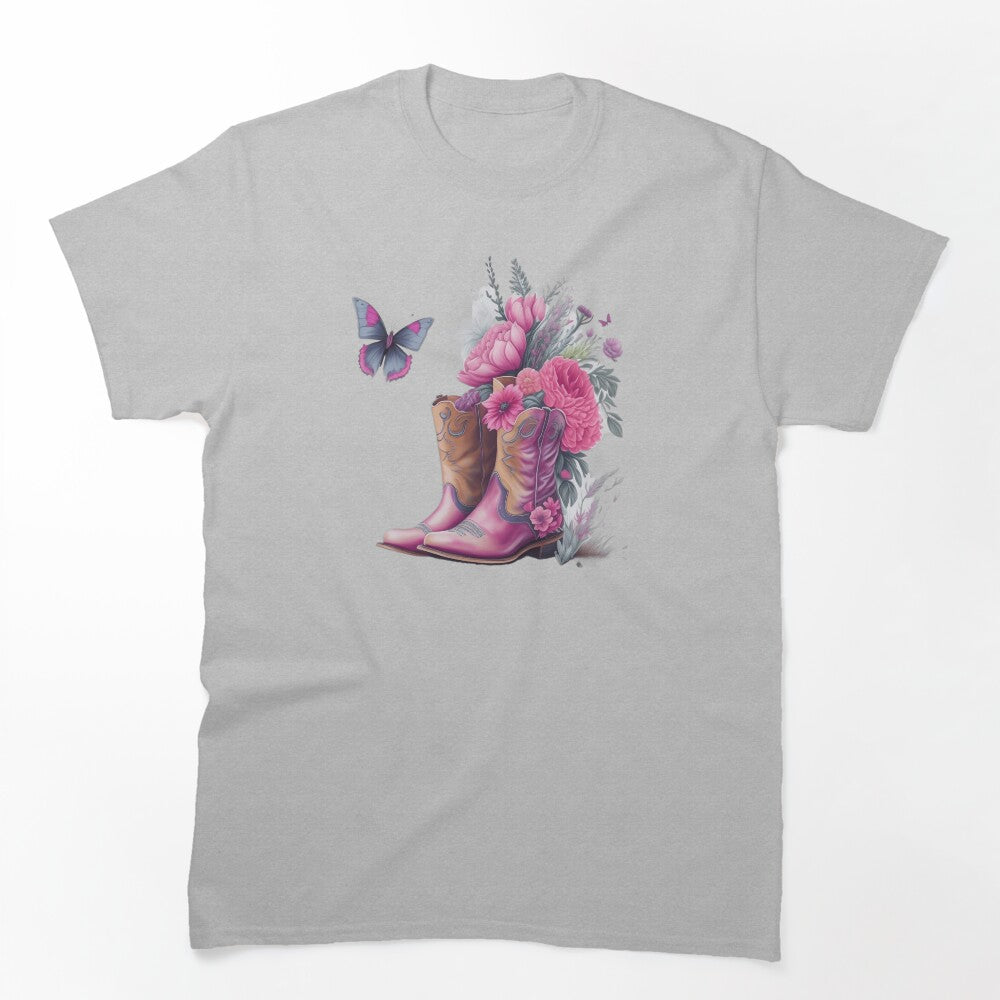Pink Cowgirl Boots With Flowers And Butterflies Shirt