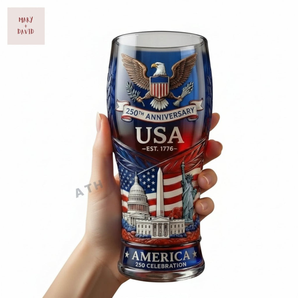 USA 250th Anniversary Patriotic Bald Eagle Est. 1776 Beer Glass